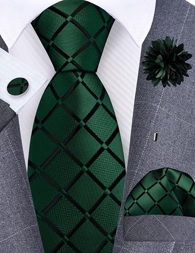 Image of GUSLESON 3.15 inch(8cm) Mens Tie and Lapel Pin Plaid Checkered Necktie Hankerchief Cufflinks Set for Men