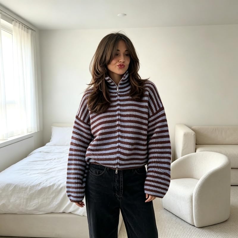 Gilet Cardigan Rayé Zippé pour Femme en Maille Douce À Manches Longues Style Pull Oversize Décontracté Léger Et Confortable Idéal pour L'Oktoberfest Le Bureau Les Voyages Et Le Quotidien en A