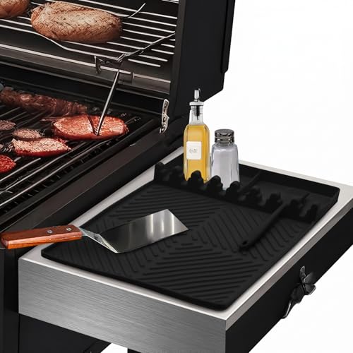 Yiomxhi Estera para Barbacoa Mesas Laterales, Alfombrilla de Espátula de Silicona, Soporte para Utensilios de Parrilla, Estera de Drenaje para Cocina, Estufa y Encimera (Negro)