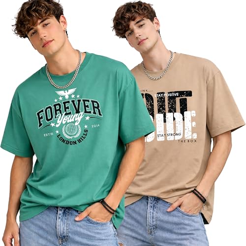 Image of London Hills Printed Cotton Blend Half Sleeve Oversized Men Round Neck Tshirts | T Shirt for Man | Tshirt | Shirts Men | Tshirt for Man | T-Shirt | Pack of 2