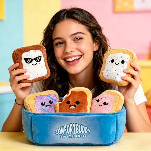 Image of Emotional Support Plush Pop Tarts Set Friendship Gifts, 5 Soft Squishy Pop Tarts Stuffed Animal with Carrying Basket, Cute Cuddly Gifts for Friend Bestie, Stress Relief Funny Gifts (Pop Tart)