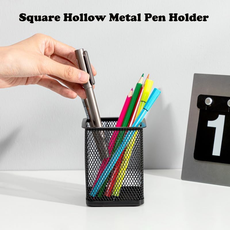 Image of Metal Mesh Pen Stand for Office & Home Desk | Black Stationery Holder Organizer for Pens, Pencils, Markers, Makeup Brushes | Durable Round Wire Mesh Pen Stand (Pack of 1) (Square Black)