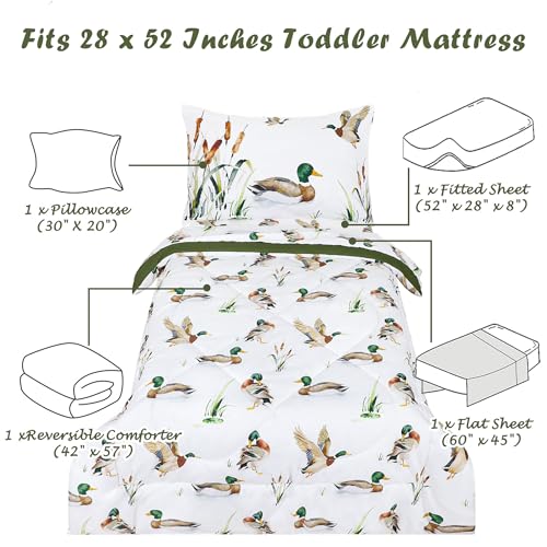 Image of Mallard Duck Toddler Bedding Set for Boys, 4 Pieces Soft Microfiber Green Toddler Comforter Set for 28 inch x 52 inch Toddler Mattress & Crib, Includes Comforter, Flat Sheet, Fitted Sheet, Pillowcase