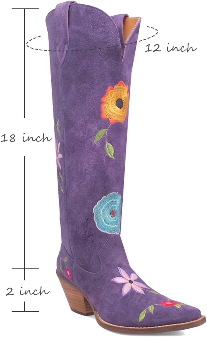 Women Floral Embroidered Western Boots Knee High Suede Cowboy Boots Chunky Stacked Heel Pointy-Square Toe Mid Calf Cowgirl Boots Pull On Wide Calf Tall Dress Boot Fall Winter Party 4-11 M US