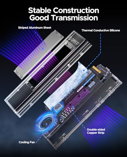 ORICO 40Gbps M.2 NVMe SSD Enclosure with Built-in Cooling Fan, Upgraded Transparent 40Gbps External Hard Drive Enclosure, Support UASP & TRIM, Support 2230 2242 2260 2280(only M key) Silver - Image 3