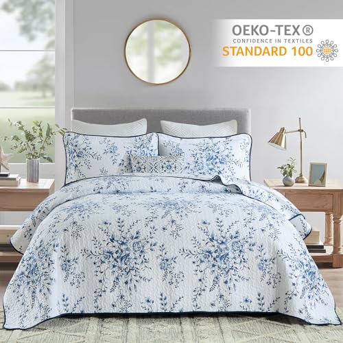 Colcha de algodón transpirable y ligera King reversible floral azul 3