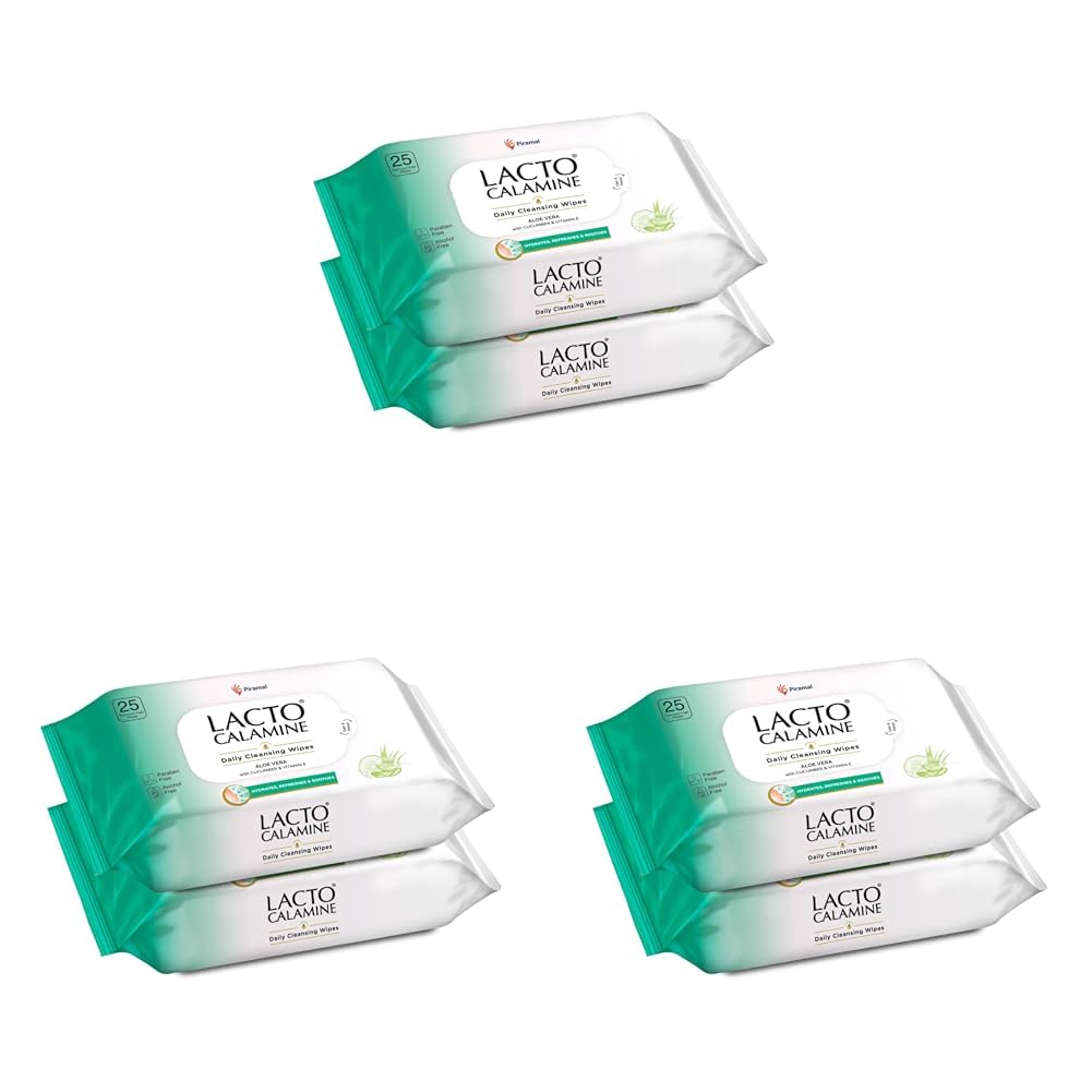 Lacto Calamine Daily Cleansing Facial Wipes 25N Each - Pack of 6 | Wet Wipes for Face with Aloe Vera, Cucumber & Vitamin E | Makeup Remover Wipes| Hydrating,Refreshing, Soothing|Paraben & Alcohol Free-image-14