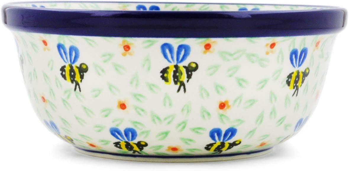 Polmedia Polish Pottery Bowl 6-inch - Honey Bee Pattern Handmade in Boleslawiec Poland by Ceramika Artystyczna + Certificate of Authenticity