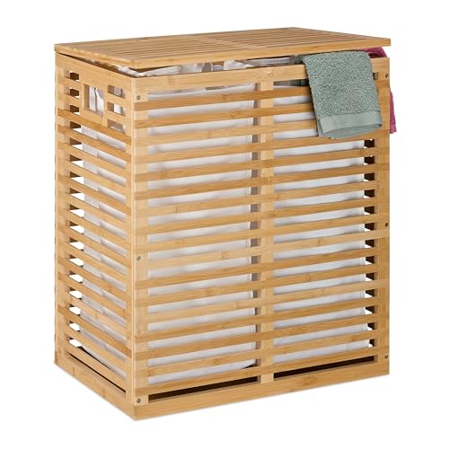 Relaxdays Wäschekorb mit Deckel, 2 herausnehmbare Säcke, je 44 l, HBT: 61x53x35 cm, Wäschesammler Bambus, Natur/beige
