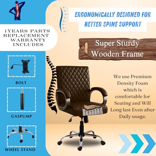 Image of NEWTURN Beta Mid Back Office Chair, Leatherette Ergonomic Design with Tilt /Height Adjustment, Metal Chrome Base, 360 Swivel for Study and Work from Home & 1 yrs Parts Replc. Warranty (Brown)
