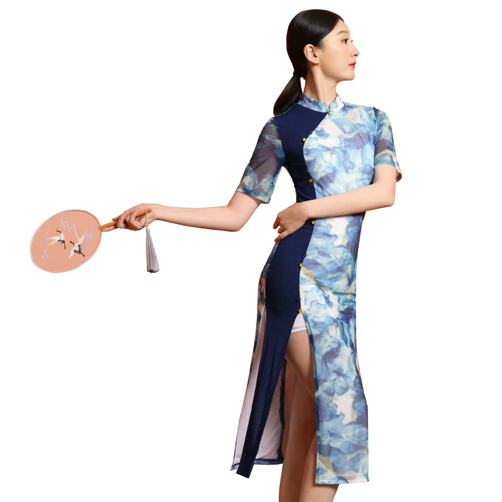 ROYAL SMEELA Abito Cinese Blu Qipao Abito Cinese Tradizionale Donne Vestito Stile Cinese Cheongsam Fiore Maniche Corte Abiti Tradizionale Cinese Fiore Stampa Abito da Sera Cocktail Abito da Festa