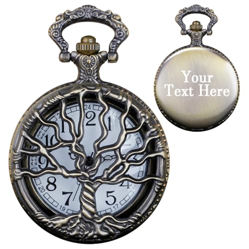 Image of Tiong Pocket Watch Hollow Tree of Life Design Roman Numerals Customizable Quartz Pocket Watch with Chain Birthday Gifts