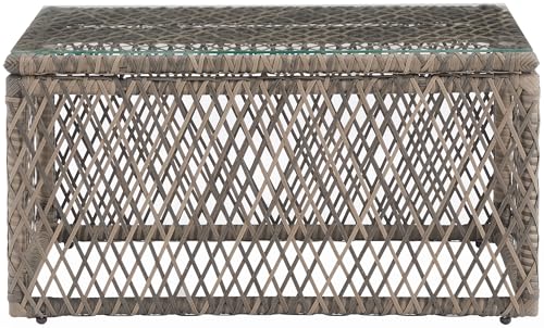 Crosley Furniture Granite Bay Wicker Outdoor Coffee Table, Glass Top Patio Tables Porch, Deck, Backyard, Creme