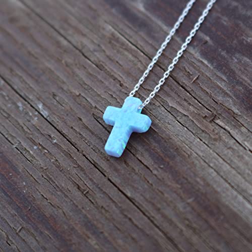 Women's Mini Blue Created Opal Cross Dainty Minimalist Pendant Necklace With 925 Sterling Silver Chain 16+2 Inches #TOP6