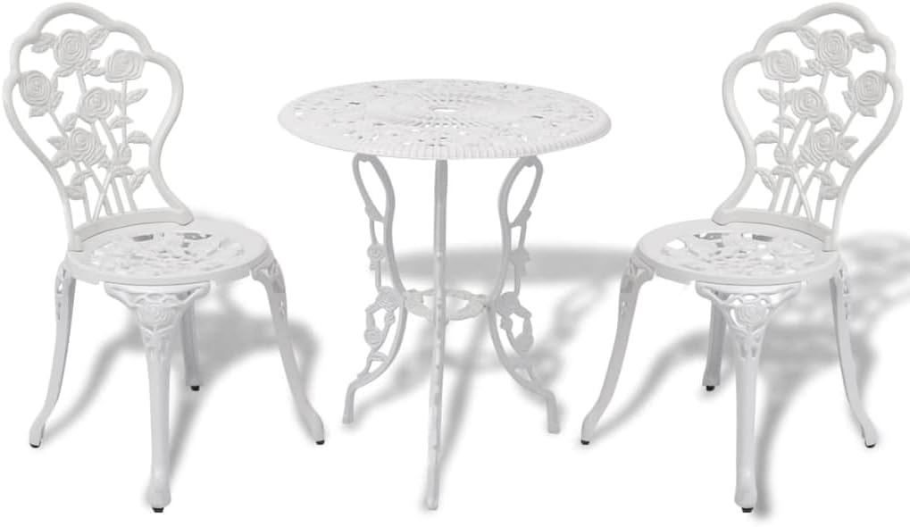 vidaXL Patio Bistro Table and Chair 3 Piece, Garden Table and Chair for Backyard, Bistro Table Set for Park Yard Front Porch Furniture, Cast Aluminum White