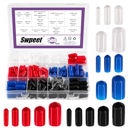 Swpeet 500Pcs 4 Colors 5 Sizes 3mm 4.5mm 6mm 8mm 9.5mm Vinyl Rubber End Caps Assortment Kit, Flexible Screw Thread Protector Caps, Round Tube Bolt Cover Caps, Protective Caps for Metal Tube Rod