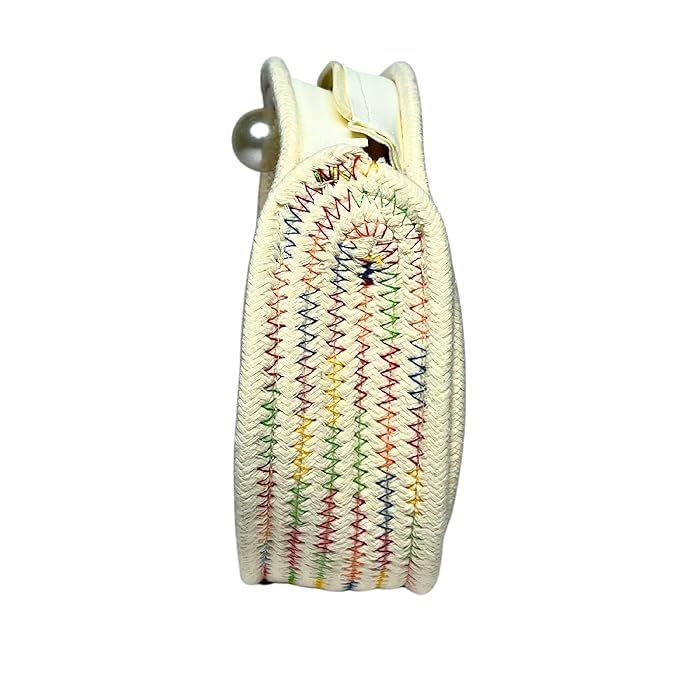 Image of Classy Bag Round Straw Crossbody Bag for Women - Woven Circle Purse with Daisy Flower Design and Pearl Clasp - Boho Summer Handbag