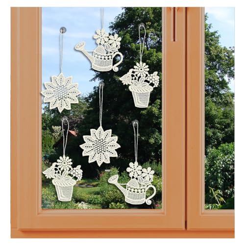 Fensterbilder Gartenset Vogtländische Spitze 6er Set Spitzen-Anhänger mit Sommer-Blumen für Fenster oder Sträuße | Kleine Blüten in Natur ca. 8 x 7 cm | Dekoidee für Frühling und Sommer