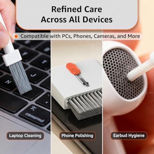 Image of Amazon Basics 32-in-1 Laptop & Screen Cleaning Kit with SD Card Slot | Multi-Device Cleaner for MacBook, iPad, iPhone, DSLR, Earbuds & Keyboards | Portable Electronic Cleaning Tool (White)