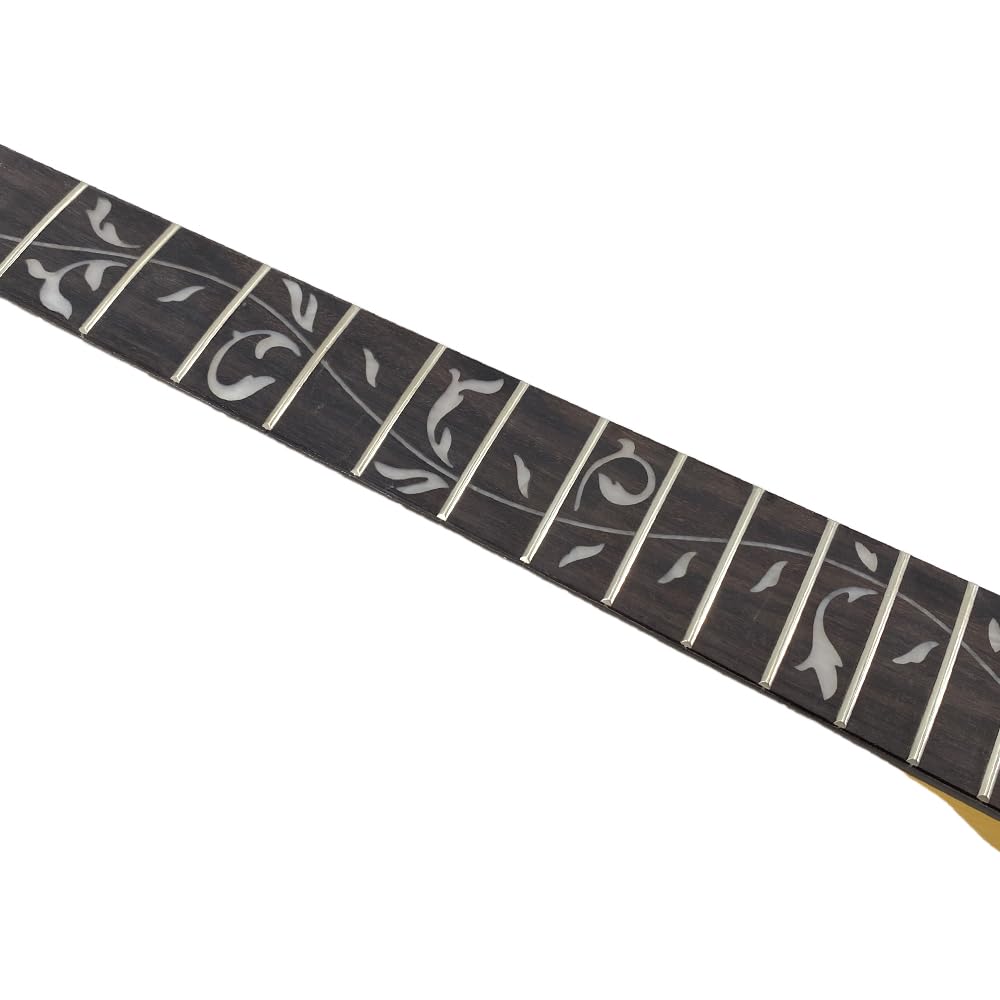 Manico di ricambio per chitarra elettrica, in acero con tastiera in palissandro, 22 tasti, scala da 65 cm, tacco imbullonato, finitura lucida gialla (intarsio in vite)