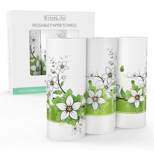 KitchLife Reusable Bamboo Paper Towels - 3 Rolls = 12 Months Supply, Raspberry Flower, Washable and Recycled Kitchen Roll, Zero Waste Products, Sustainable Gifts, Environmentally Friendly