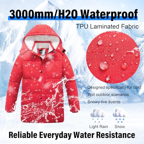 Image of Boys Winter Puffer Jacket Waterproof Hooded Parka Coat with Faux Fur Lining Warm Insulated Outdoor Jacket for Kids