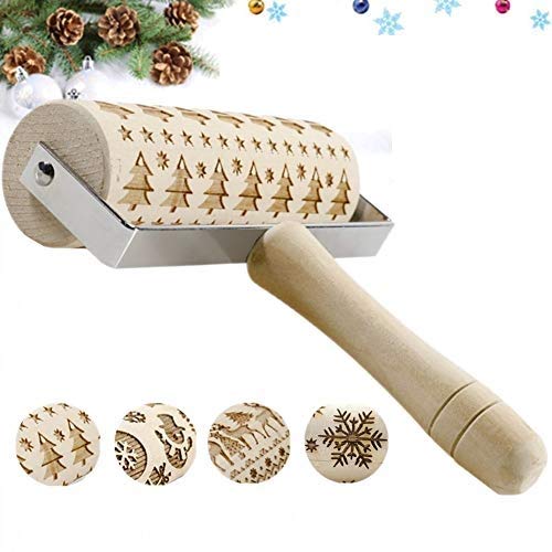 3D Wooden Christmas Embossed Pattern Rolling Pin, Laser Engraved Pastry Pizza Baking Roller Pin for Christmas Cookies Baking Non Stick(Christmas Tree)