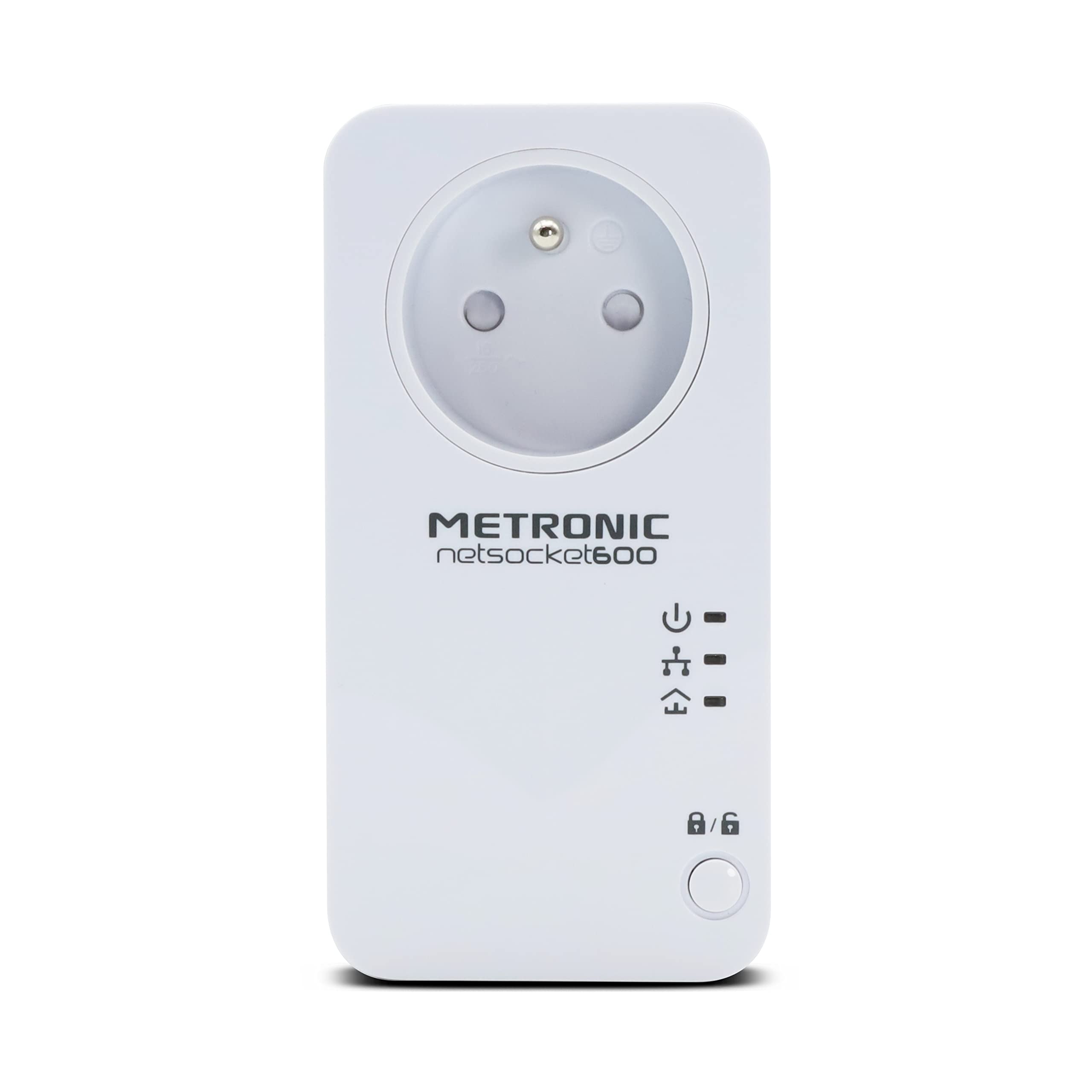 Metronic 495466 Prise CPL netsocket 600 MB/s avec 1 Port Fast Ethernet 100 MB/s et Prise gigogne