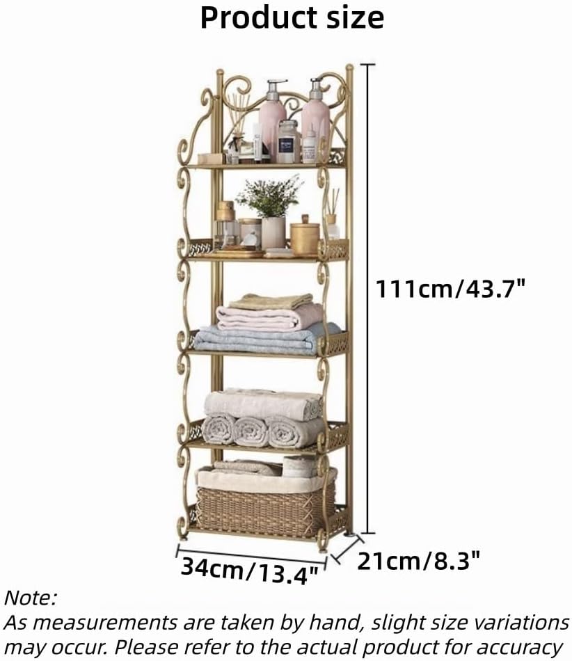 Folding Floor-Standing Bookshelf, No-Assembly Metal Bookcase, Retro Bathroom Cabinet, Multifunctional Storage Rack, for Home Office, Living Room, Kitchen(Gold,13.4x43.7in)