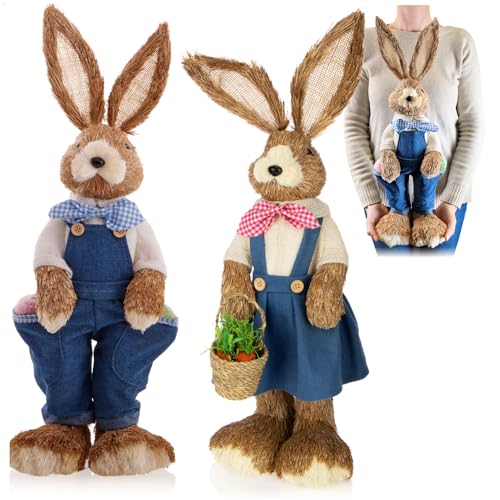 com-four® 2X Conejito de Pascua de Paja XXL Hecho a Mano - Conejito de Pascua Decorativo de 58 cm para decoración de Pascua - Figuras Decorativas para Pascua (02 Piezas 58cm Mujer + Hombre)
