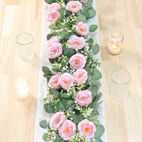 TOCHGREEN 2 Pack 13Ft Artificial Eucalyptus Flower Garland with Pink Camellia, Fake Flower Greenery Garland Floral Vines for Wedding Home Party Room Table Runner Decor (2PCS, Pink)