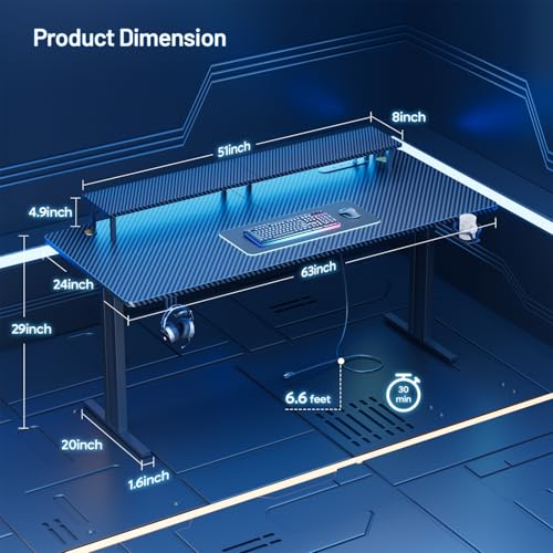 Image of HLDIRECT 63 Inch Gaming Desk with LED Lights & Cable Management, Black | Ergonomic carbon fiber gaming computer desk with 5 sockets, monitor stand, cup holder, headphone hook & mouse pad for gamers