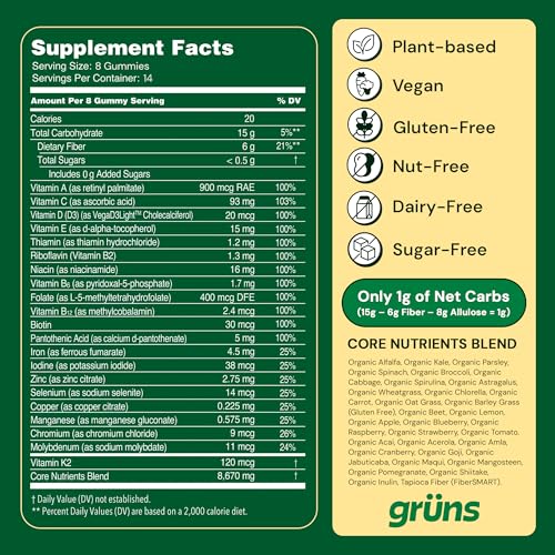 Image of Gruns Adult Sugar-Free Super Greens Gummies - Superfood Gummy Bears with Spirulina, Chlorella, Fiber & Prebiotics for Digestive Health, Adaptogen Supplement with 20 Vitamins & Minerals, 2 Week Supply