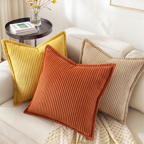 decorUhome Fall Corduroy Rust Throw Pillow Covers 18x18 Set of 2 Decorative Soft Boho Striped Neutral Euro Farmhouse Couch Pillow Cases with Broadside for Living Room Bed Sofa