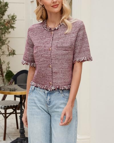 Image of Ladyful Womens Short Sleeve Cardigan Sweater Summer Lightweight Y2K Knitted Open Front Crop Sweater Top
