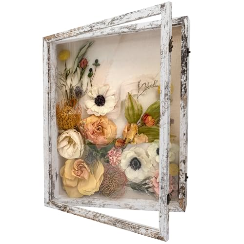 Image of GraduationMall 16x20 Wood Shadow Box Frame Glass Door Display Case with Linen Back and 6 Stick Pins,1.5 inches Interior Depth,Ideal for Memorabilia Pictures Flowers Medals Tickets Rustic White