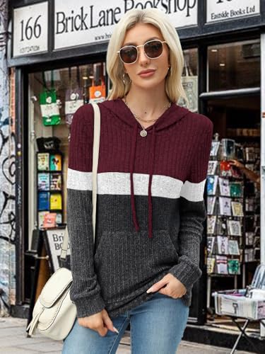 MixShe Women’s Color Block Knit Hoodie – Casual Long Sleeve Pullover Sweater Tops with Pocket