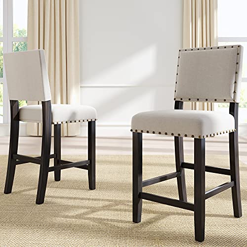 Lumisol 24 Inches Counter Height Bar Stools Set Of 2, Linen Upholstered Dining Chair With Back, Beige Counter Height Barstools With Nailhead Trim #TOP6