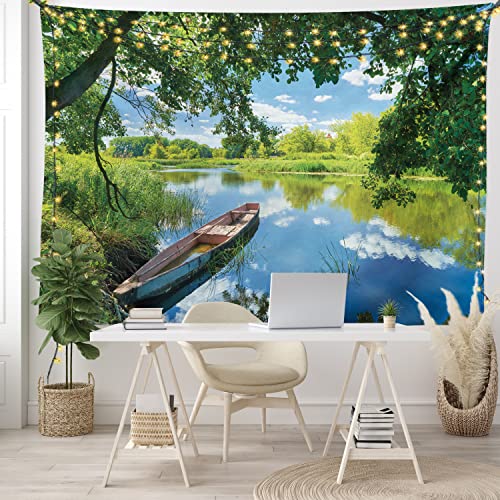 Ambesonne Landscape Tapestry, Summer Landscape Of Narew River Of Poland With A Boat Under Fresh Tree, Wall Hanging For Bedroom Living Room Dorm Decor, 40" X 60", White Green #TOP5
