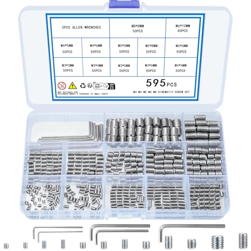 KOXXIAMOQ 595pcs Set Screws Assortment Kit, Allen Head Grub Screws, M3 M4 M5 M6 M8 Metric Hex Socket Head Headless Screw,Internal Cup-Point Screw Set, 12 Sizes, Include 5 Pcs Wrenches