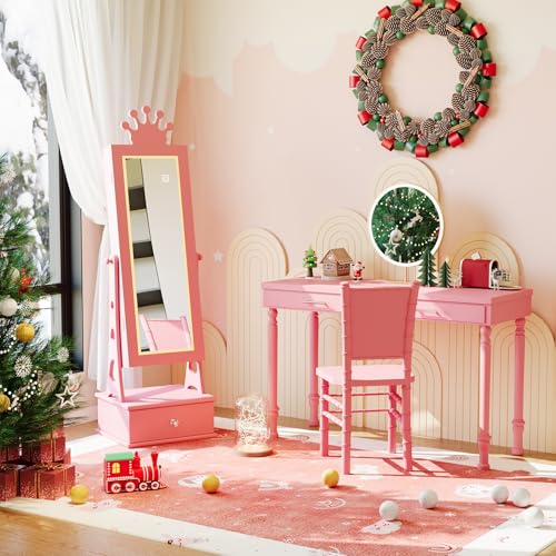 GarveeMore Armoire à bijoux enfant sur pied avec miroir pleine longueur inclinable - Éclairage LED tactile 3 couleurs - 3 tiroirs + crochets + rangements, style princesse couronne - Couleur : Rose