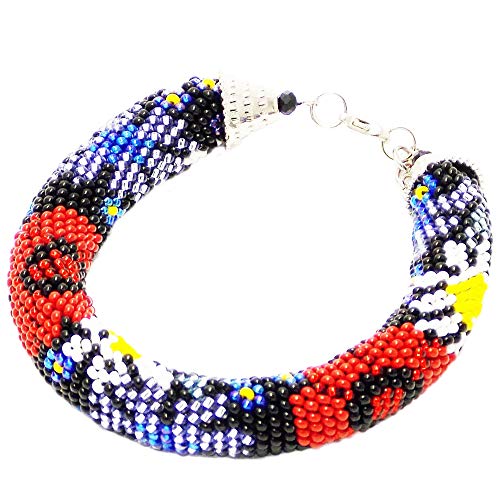 Handmade blue cornflower Red poppy Ukrainian black bracelet with floral print Designer Ukrainian