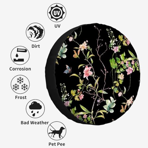 Image of Leaves Flowers Spare Tire Cover Watercolor Black Background Wheel Covers for RV Tires Camper Tire Case Protectors for Trailer Rv SUV Truck Travel Trailer 15 in