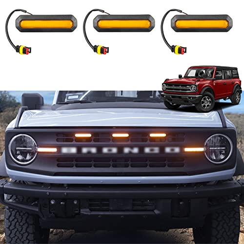 Led Grille Lights For Ford Bronco 2021 2022 2023 Base & Black Diamond Accessories 2 & 4 Door Front Grille Light Bar Amber Lamps Kit (3 Pcs) #TOP6