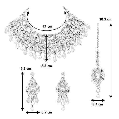 Image of Peora Crystal Choker Necklace with Maang Tikka Earrings Indian Traditional Bridal Wedding Jewellery Set for Women
