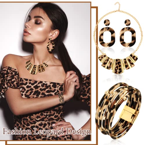 Sotiff 5 Pcs Leopard Accessories for Women Purse Jewelry Set Necklaces Clutch Earring Wrap Bracelets Long Tassel Pendant3