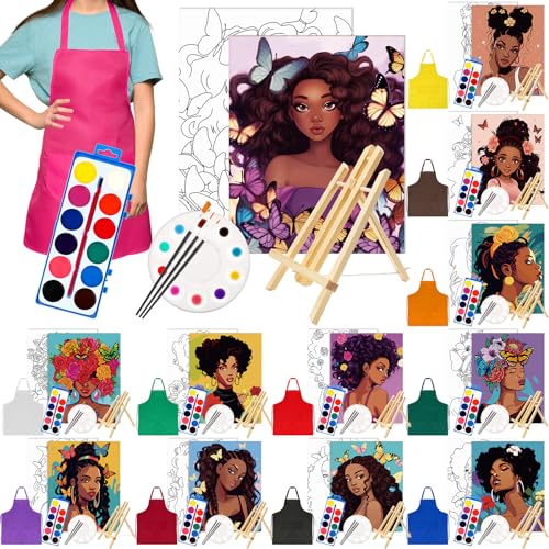 Cholemy 12 Sets Pre Drawn Canvas Kits for Adult, 8'' x 10'' Painting Set Wood Easel Watercolor Paint Apron Brush Palette Afro Sip and Paint Date Night Party Favors Valentine DIY Gift(Flower Girl)