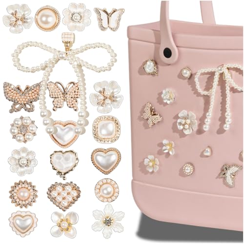 Mon Caramel Beach Bag Charms 21PCS - Pearl Bowknot & Butterfly Rubber Tote Accessories for Women Girls Summer