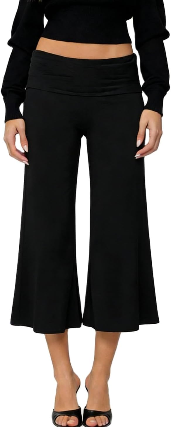 ROAONOCOMO Women Gauchos Pants Fold Over Low Rise Cropped Capris Pants Foldover Wide Leg Yoga Culotte Pajama Bottoms