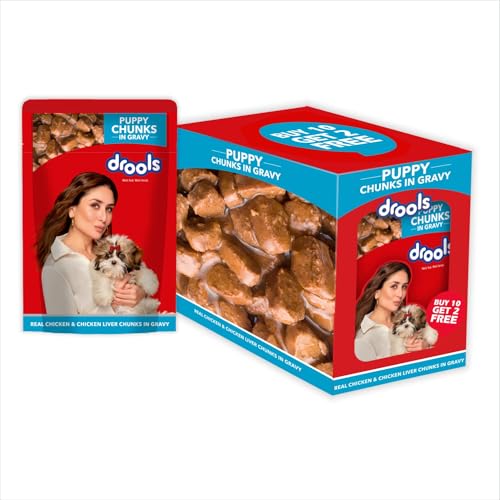 Image of Drools Puppy Wet Dog Food 10 Pouches + 2 Free (12 x 60g) | Real Chicken & Liver Chunks in Gravy | Supports Skin & Coat | Promotes Joint Strength | Aids Digestion & Overall Wellness